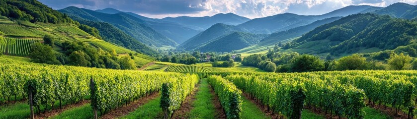 Fototapeta premium Green field with vineyard rows for harvesting concept. Scenic vineyard landscape with rolling hills and vibrant green vines.