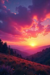 Fototapeta premium Vibrant Sunrise Paints Tranquil Landscape with Breathtaking Hues of Orange, Pink, and Purple - Perfect for Travel, Nature, and Serenity Projects