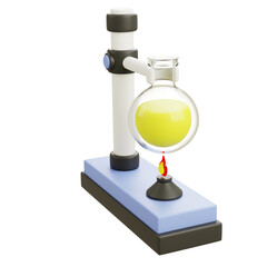 3D cartoon laboratory glass flask with yellow liquid on burner, isolated on white background, playful educational science symbol for chemistry and experiments.