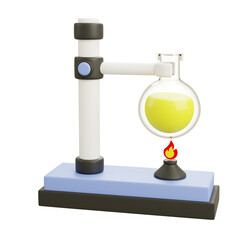 3D cartoon laboratory glass flask with yellow liquid on burner, isolated on white background, playful educational science symbol for chemistry and experiments.