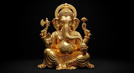 Fototapeta premium A magnificent golden statue of the Hindu deity Ganesha, intricately detailed and glowing against a dark, minimalist background.