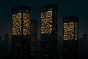 Illuminated skyscrapers display large QR codes against a dark city skyline at night, symbolizing digital connectivity and urban technology.