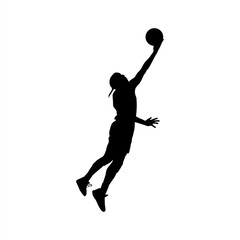 Black silhouette of a female basketball player leaping high with one arm extended to reach the ball. Perfect for sports illustrations, posters, vector graphics, and athletic apparel designs.