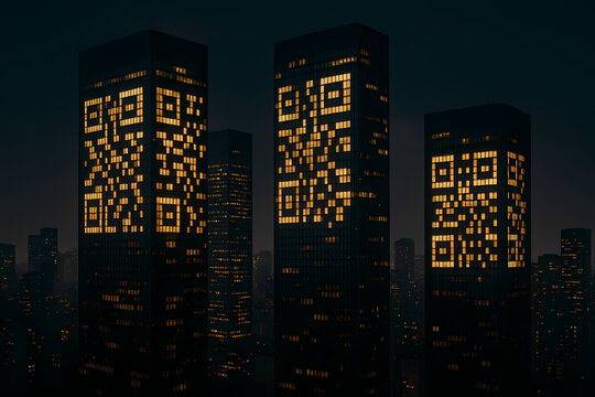 Illuminated skyscrapers display large QR codes against a dark city skyline at night, symbolizing digital connectivity and urban technology.