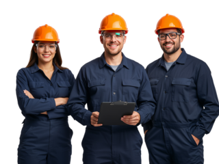 Smiling diverse construction team wearing protective gear isolated on transparent layer showing