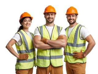 Confident construction workers posing together on an isolated transparent background, displaying