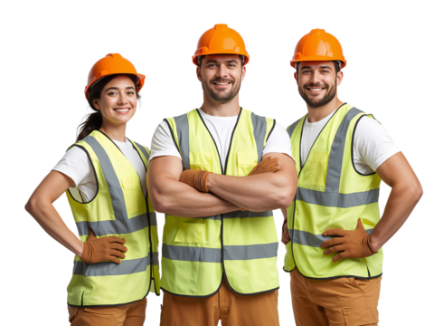 Confident construction workers posing together on an isolated transparent background, displaying