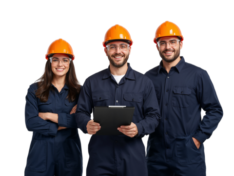 Diverse construction team in work attire, confident and prepared for industrial projects on