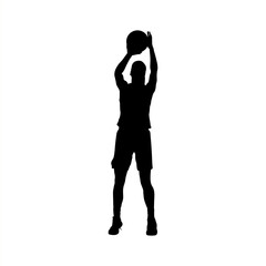 Black silhouette of a female basketball player taking a shot with the ball raised above her head. Perfect for sports graphics, vector illustrations, basketball posters, and athletic design projects.