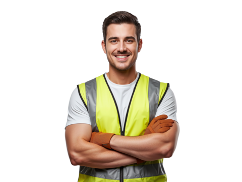 Confident construction worker with safety vest and gloves on isolated transparent backdrop