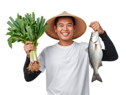Smiling young farmer in conical hat holding freshly caught fish and bunch of leeks against - Powered by Adobe