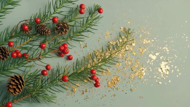 Pale green flat lay with pine, berries and gold