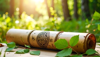 Bamboo scroll resting on lush green foliage in a sunlit forest during golden hour