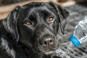Dog drinking water from plastic bottle. Pet owner taes care of his labrador reriever during hot sunny da...