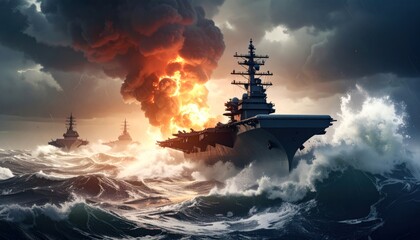 Obraz premium War ships in a stormy sea (1)