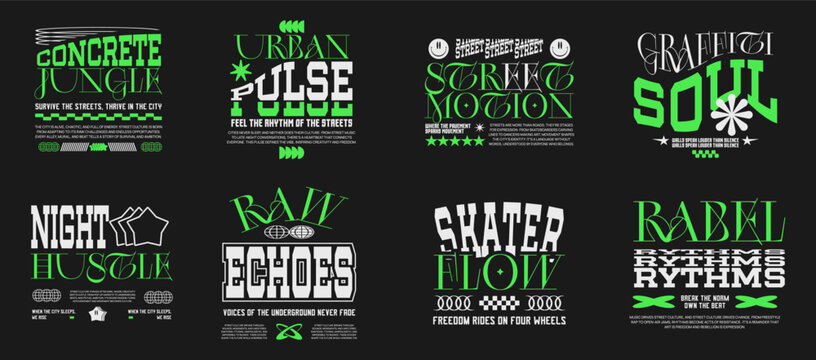 Urban streetwear typography graphic tee collection, Urban street style t-shirt designs bundle, Urban culture lettering, Apparel design for print, Graffiti art illustration set