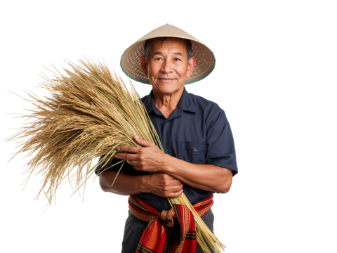 Serene asian farmer with golden rice sheaves, embracing tradition and harvest success