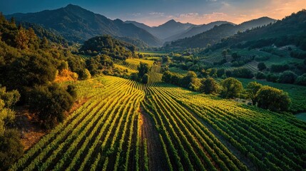 Fototapeta premium Green field with vineyard rows for harvesting concept. Serene vineyard landscape surrounded by majestic mountains.