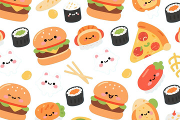 Cute kawaii food lifestyle pattern (burgers, pizza, sushi).