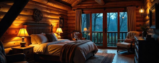 Cozy cabin interior at night, warm lamplight illuminating rustic furniture and comfortable bedding Perfect for travel, vacation, and home decor websites , travel, bedding