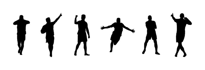 A collection of black silhouettes featuring football (soccer) players in various poses, perfect for sports design, posters, t-shirts, or branding elements.