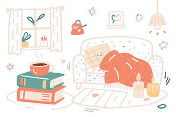 Cozy home lifestyle doodle (books, tea, blanket, candles).