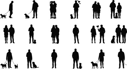 Couple silhouettes with dogs, romantic poses, walking, love, pet care, outdoor lifestyle, family, relationship, friendship, animal companionship, people together