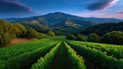 Fototapeta premium Green field with vineyard rows for harvesting concept. A stunning vineyard landscape under a dramatic evening sky.