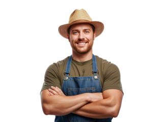 Confident gardener with arms crossed, wearing hat on an isolated transparent background
