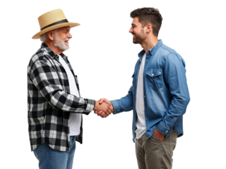 Intergenerational handshake showcasing collaboration and mutual respect on isolated transparent