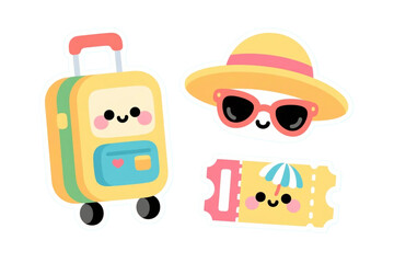 Fototapeta premium Cute kawaii travel icons (trolley bag, sunglasses, beach hat, ticket).