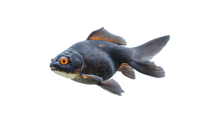 A vibrant black moor goldfish swimming gracefully in a clear aquatic environment
