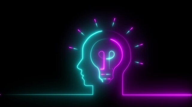Abstract neon head and bulb icon animation on black background . A glowing light bulb that have a glowing human brain inside concept.Glowing neon line Human head and bulb.4k