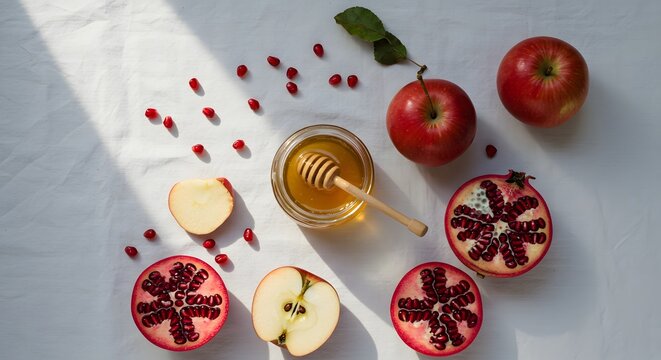 Aerial view of honey jar with dipper apples and pomegranates on a white surface under sunlight Rosh Hashanah Jewish New Year celebration