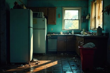 Empty refrigerator, dimly lit kitchen, overflowing trash can; visible signs of neglect and despair reflecting the internal struggle of hunger and depression , empty refrigerator, mental health