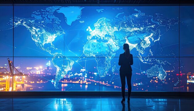 Woman gazing at global network map