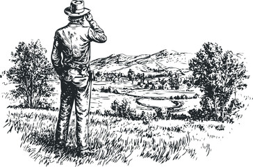 Obraz premium Man wearing a hat looks over a rural landscape with hills and a village