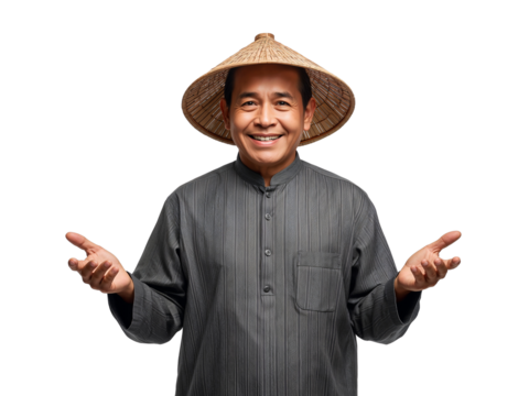 Friendly southeast asian man in traditional attire radiates warmth and welcome against transparent