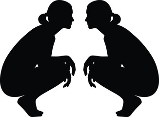 Silhouette two women squatting, facing each other, female posture, human figure, body balance, symmetry, black outline, modern design, artistic shape