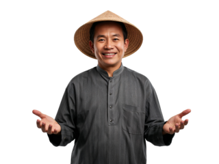 Smiling Asian man in traditional conical hat offering a warm welcome on transparent setting
