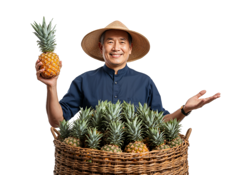 Smiling asian farmer presenting a fresh pineapple harvest with pride and an inviting gesture of