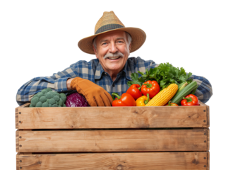 Happy elderly farmer displaying bountiful vegetable harvest in wooden crate against isolated setting