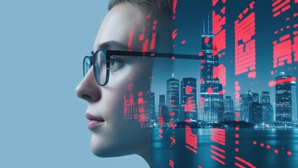 A profile view of a woman with a cityscape and data overlay, showcasing a concept of technological integration and futuristic urban design.