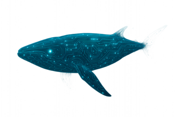 A futuristic whale illustration with a glowing blue electronic circuit board texture isolated on a white background.