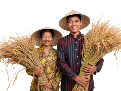 Smiling asian couple holding rice crops in traditional attire on isolated transparent backdrop - Powered by Adobe