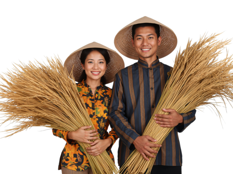 Asian Farmers Proudly Displaying Harvested Rice Grain on a Isolated Transparent Background