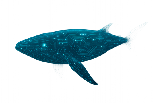 A futuristic whale illustration with a glowing blue electronic circuit board texture isolated on a white background.
