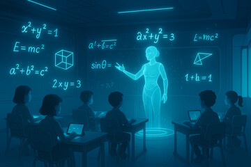 A futuristic classroom where a holographic teacher explains complex mathematical equations and geometric shapes to attentive students using tablets and laptops.