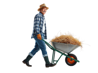 Dedicated farmer carrying a load of hay in a wheelbarrow on a transparent field path