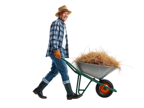 Dedicated farmer carrying a load of hay in a wheelbarrow on a transparent field path